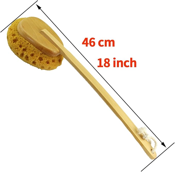 18" 2pcs Extra Long Handle Beechwood Bath Brush with Sponge - Exfoliating & Massaging Back Scrubber for Shower