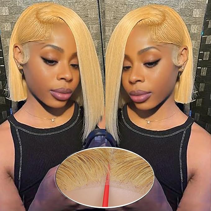 #27 Honey Blonde Lace Front Wig Human Hair Bob Wig 9x6 HD Lace Front Wigs Human Hair Glueless Wigs Human Hair Pre Plucked Pre Cut 200% Density 12 Inch Bob Wigs For Black Women