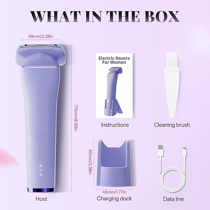 krofaue Women Electric Shaver - Cordless Waterproof Body Foil Shavers, Dry & Wet Electric Razors for Women with LED Display USB Charge Dock Purple