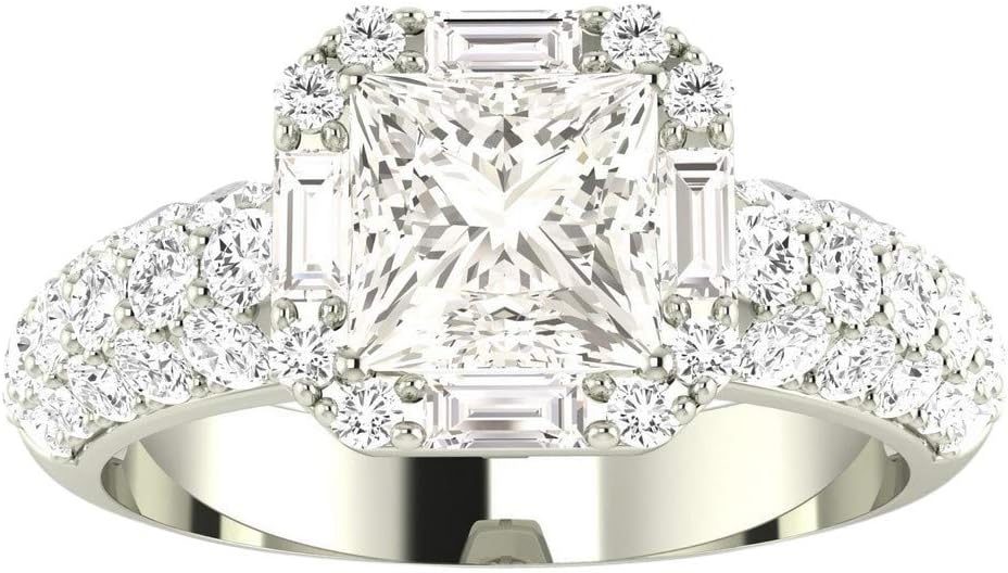 14K White Gold 2.25 Carat LAB GROWN DIAMOND Designer Popular Halo Style Baguette And Pave Set Round Princess Cut Diamond Engagement Ring (E-F Color VS1-VS2 Clarity 1.5 Ct Center)
