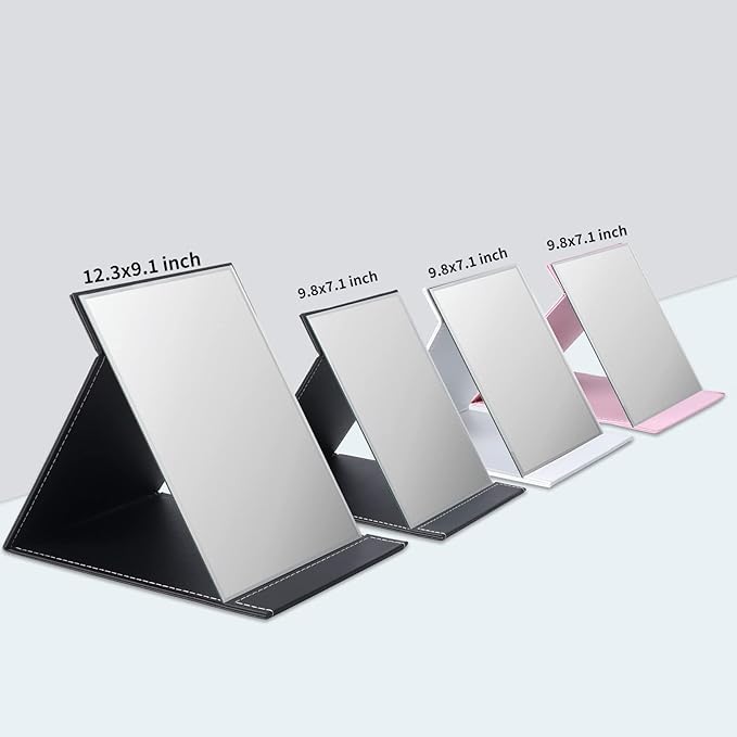 ZBEIVAN 12x9 Inches Extra Large Portable Folding Makeup Mirror, Frameless PU Leather Vanity Mirror with Stand for Desk Table Camping Travel Personal, Black