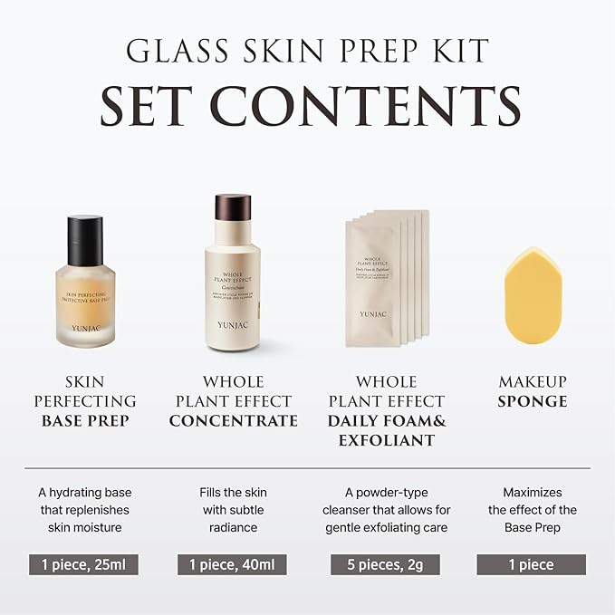 Glass Skin Prep Gift Set – Skincare & Makeup with Base Prep (0.84 fl oz), Concentrate Serum (1.35 fl oz), and Foam Exfoliant Samples (2g × 5ea) | Hydrating, Cleansing & Makeup-Ready Kit