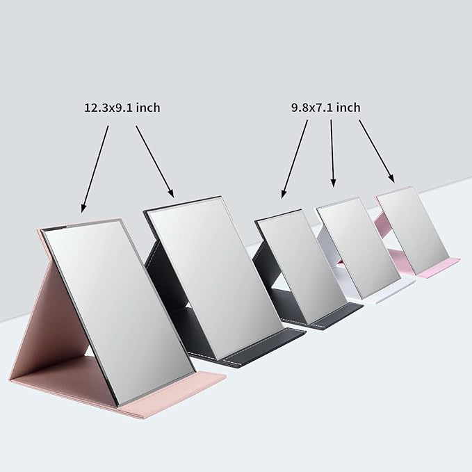 ZBEIVAN 12x9 Inches Portable Folding Makeup Mirror, Frameless PU Leather Desk Mirror with Stand for Camping Travel Tabletop Personal, Pink