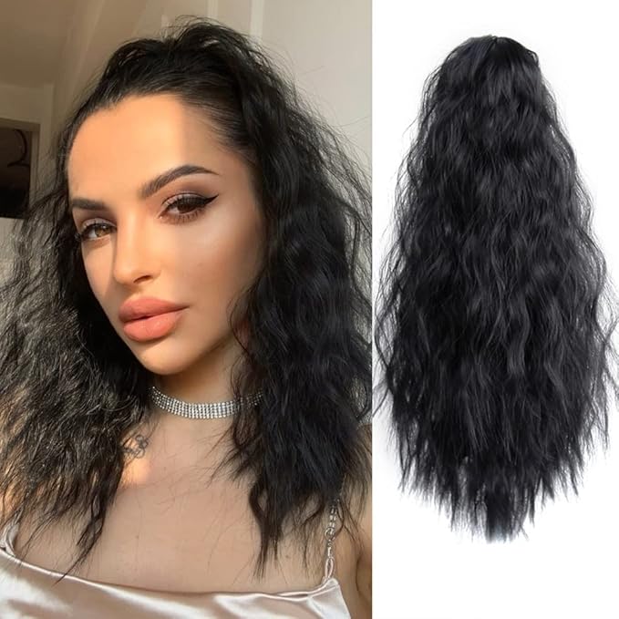 Wavy Ponytail Extension Claw Clip for Black Women 18" Synthetic Curly Clips in Pony Tails Hair Extensions Wigs Fluffy Heat Resistant Hairpieces for Wedding Party Daily Use 6 Oz Natural Black