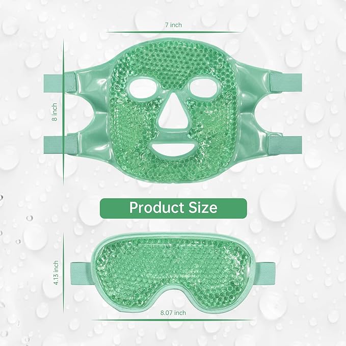 ZNÖCUETÖD Cooling Ice Face Eye Mask for Reducing Puffiness, Bags Under Eyes,Sinus,Redness,Pain Relief,Dark Circles, Migraine,Hot/Cold Pack with Soft Plush Backing(Green(1* Eye Mask+1*Face Mask))