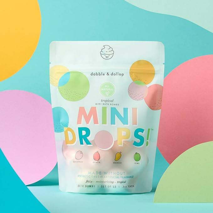 Dabble & Dollop Mini Bath Bombs, 100% Natural Droplets for Kids, Tropical Scents - Resealable Pouches, Fizzy, Moisturizing & Fun, Vegan, Gluten-Free, Cruelty-Free (Set of 24)
