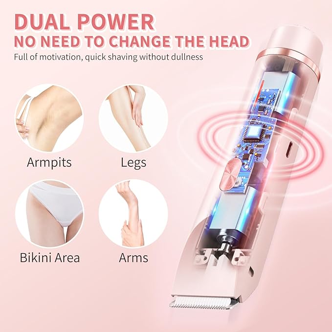 2-in-1 Electric Shaver & Bikini Trimmer for Women - Painless Hair Removal for Body, Face & Bikini, Hypoallergenic, IPX7 Waterproof, Cordless Wet/Dry for Shower & Travel (Pink)