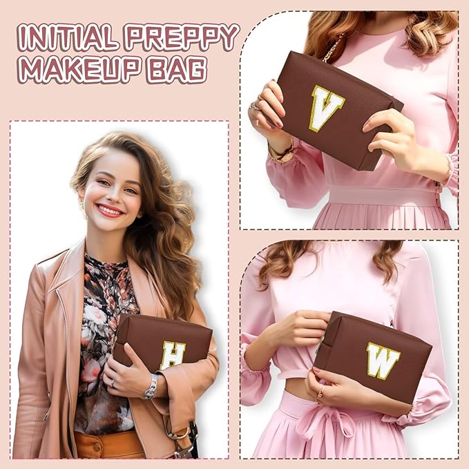TOPEAST Personalized Makeup Bag, Chenille Letter Pouch Cosmetic Bag w Zipper, PU Leather Waterproof Toiletry Bag, Bridal Shower Gifts for Bridesmaids, Cute Stuff for Girls (Brown P)