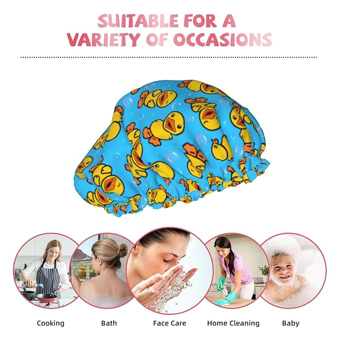 Yellow Rubber Duck Shower Cap For Women Adjustable Double Waterproof Layers Bathing Shower Hat Hair Protection Reusable Ladies Spa Salon Shower Hat