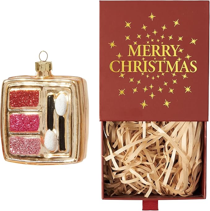 WDS WONDROUS Makeup Palette Christmas Ornament Glass, Gold and Pink Eye Shadow Palette Hanging Ornament for Christmas Tree Decoration Holiday Party Home Gift