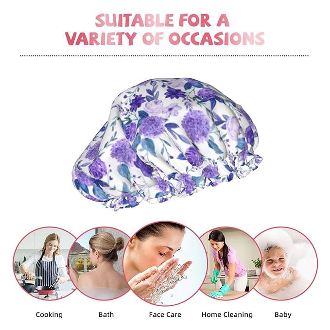Violet Purple Rose Shower Cap For Women Adjustable Double Waterproof Layers Bathing Shower Hat Hair Protection Reusable Ladies Spa Salon Shower Hat