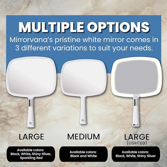 MIRRORVANA Hand Mirror with Ergonomic Handle - Hand Held Mirror for Make-up, Home Haircuts, Dental and Barber Use, 8” x 11” (White)