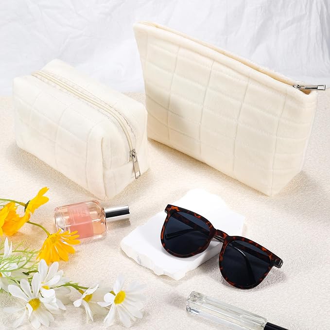 ZLFSRQ 2Pcs Makeup Bag for Women Trendy Large Capacity Cosmetic Bags Plush Pencil Case White Checkered Pouch for Purse Coquette Zippered Toiletry Bag Organizer Y2K Aesthetic Pencil Pouch