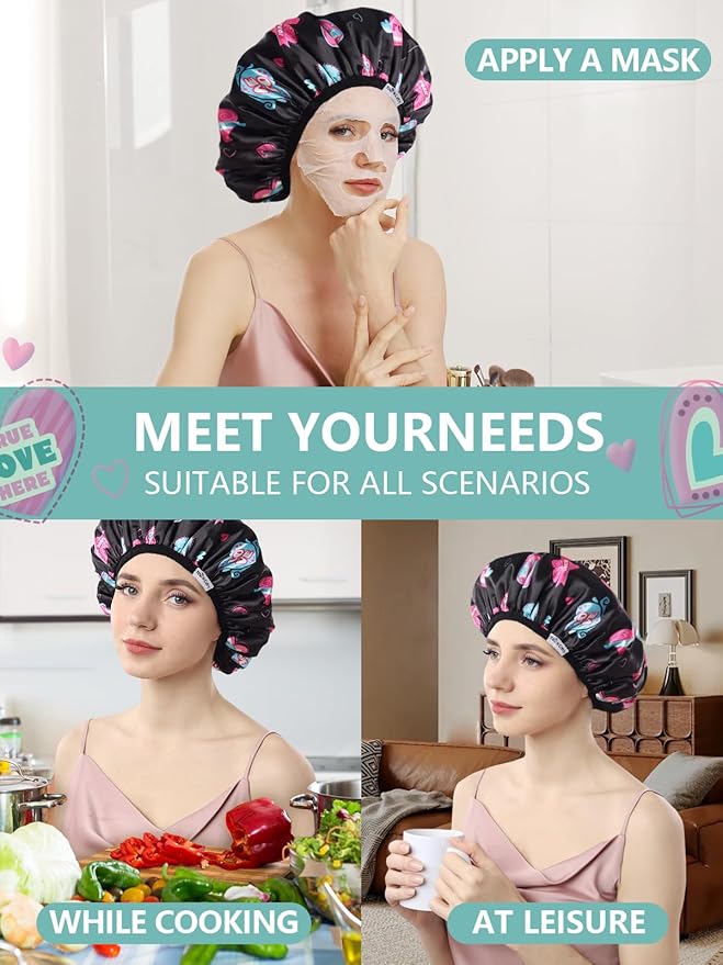 Years calm Terry Lined Shower Cap, Triple Layer Heart Motifs,Waterproof Reusable Elastic,Hair Shower Cap for Women,Terry Cloth Shower Caps for Spa,Clean,Trave (Black, One Size)