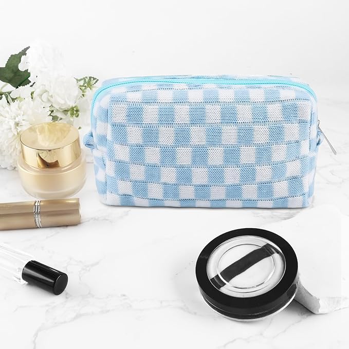 ZLFSRQ 6Pcs Checkered Pencil Case Cute Pencil Pouch for Teens Checkered Makeup Bag Blue Medium Travel Cosmetic Bag Makeup Pouch for Purse Aesthetic Trendy Zipper Toiletry Bags Organizer