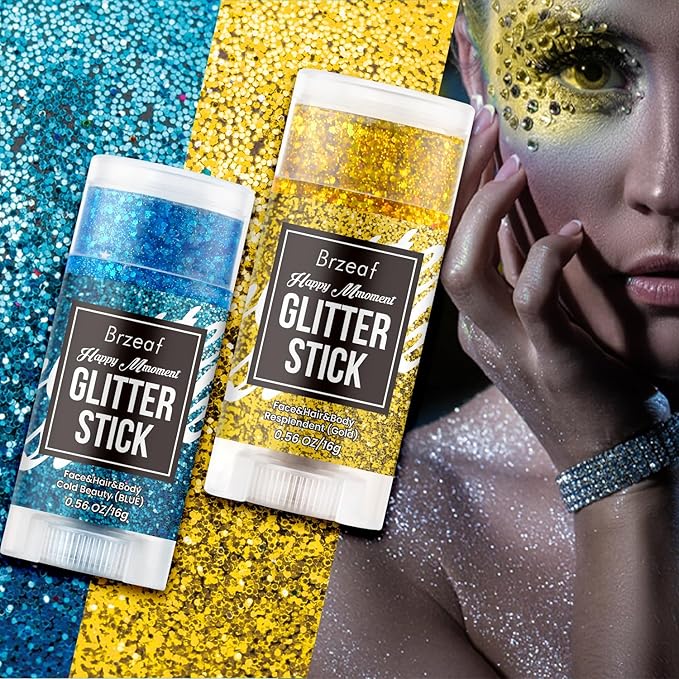 Brzeaf Waterproof Gold Glitter Stick, Face Glitter Makeup, Shimmery & Long Lasting, Chunky Glitter for Face/Body/Hair/Eyes/Lip, Singer Concert Music Christmas Rave Festival