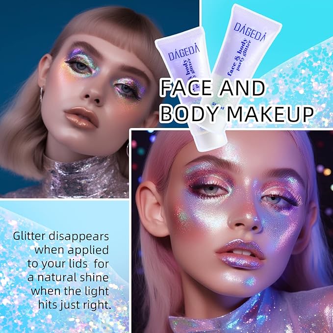 DAGEDA Body Glitter Gel, Holographic Face Glitters Body Gel Shimmer Liquid Eyeshadow, Color Changing Glitter for Face Hair Nails, Glitter Under Light Festival Glitter Makeup 1.7oz (Galaxy Blue)