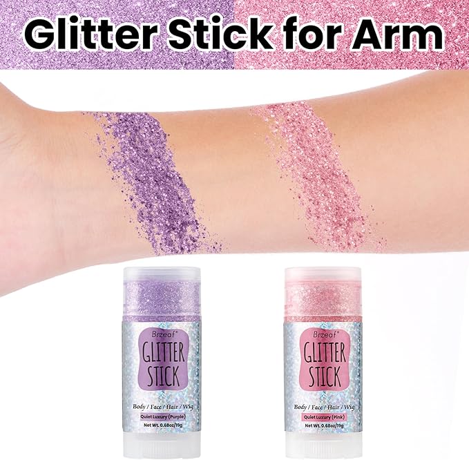 Brzeaf Waterproof Purple Glitter Stick, Shimmery&Long Lasting, Christmas Chunky Glitter for Face/Body/Hair/Eyes, Singer Concert Music Rave Festival, Glitter Stick Makeup for Women Men