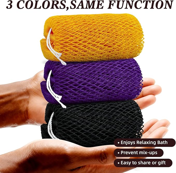 Zkptops 3 Pieces Authentic African Net Sponge Small African Scrubbing Net Exfoliating Washcloth Back Scrubber Body Scrubber Bath Sponge for Shower Bathing Accessories for Women (Yellow Purple Black)