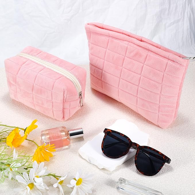 ZLFSRQ 2Pcs Makeup Bag for Women Trendy Large Capacity Cosmetic Bags Plush Pencil Case Pink Checkered Pouch for Purse Coquette Zippered Toiletry Bag Organizer Y2K Aesthetic Pencil Pouch