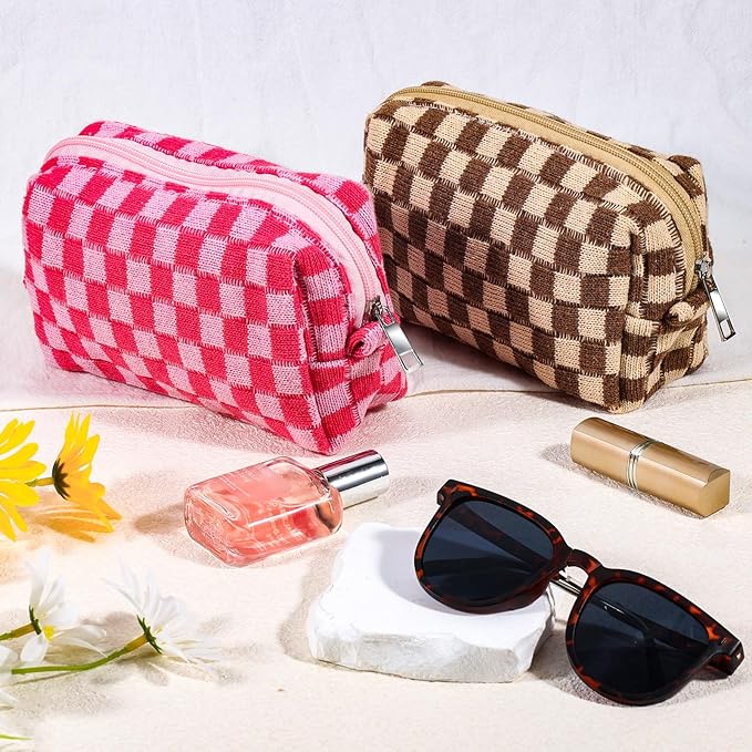 ZLFSRQ 2Pcs Checkered Pencil Case Cute Pencil Pouch for Teens Checkered Makeup Bag Medium Travel Cosmetic Bag Preppy Makeup Pouch for Purse Aesthetic Zipper Toiletry Bags Organizer(Pink/Brown)