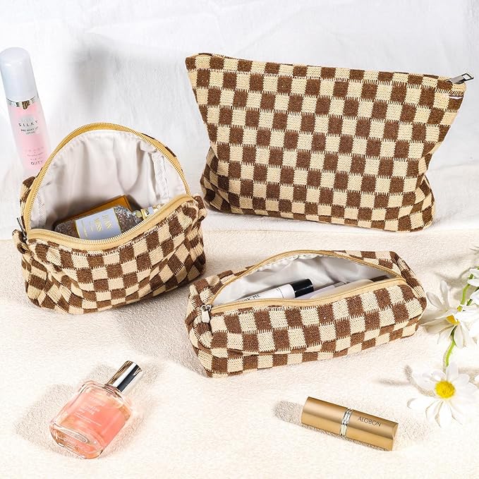 ZLFSRQ 3Pcs Checkered Makeup Bag for Women Large Small Checkered Cosmetic Bag Set Aesthetic Preppy Pencil Case Cute Pencil Pouch Brown Makeup Pouch for Purse Travel Toiletry Bags Zipper Skincare Bags