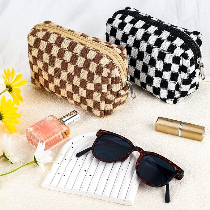 ZLFSRQ 2Pcs Checkered Pencil Case Cute Pencil Pouch for Teens Checkered Makeup Bag Medium Travel Cosmetic Bag Preppy Makeup Pouch for Purse Aesthetic Zipper Toiletry Bags Organizer(Black/Brown)