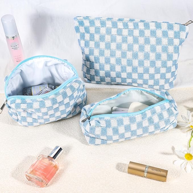 ZLFSRQ 3Pcs Checkered Makeup Bag for Women Large Small Checkered Cosmetic Bag Set Aesthetic Preppy Pencil Case Cute Pencil Pouch Blue Makeup Pouch for Purse Travel Toiletry Bags Zipper Skincare Bags