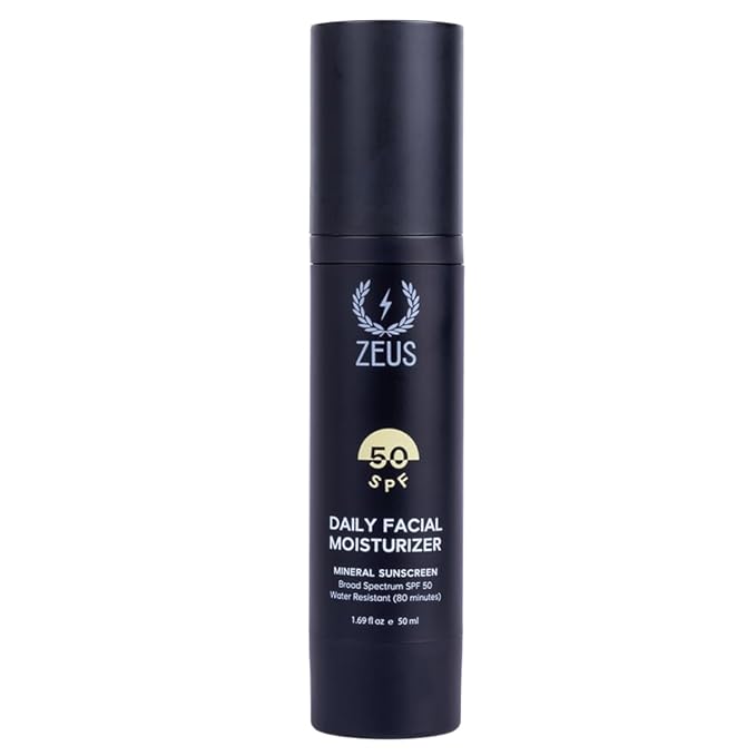 ZEUS Men's Daily Defense SPF50 Face Moisturizer for Men, Natural & Organic, Zinc Oxide Face Moisturizing Mineral Sunscreen, Hydrates & Protects Skin Against Harmful UV Rays (Made in USA)