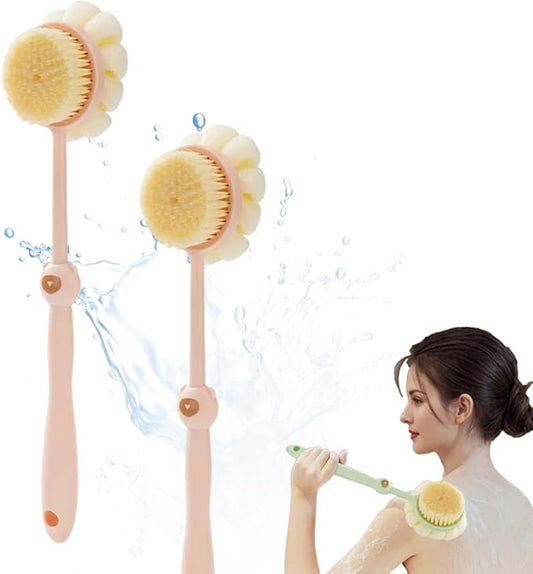 Two Sided Shower Body Brush, with Bristles and Loofah, for Skin Exfoliating Bath, Massage Bristles Suitable for Wet or Dry, Men and Women (Pink-2PCS)