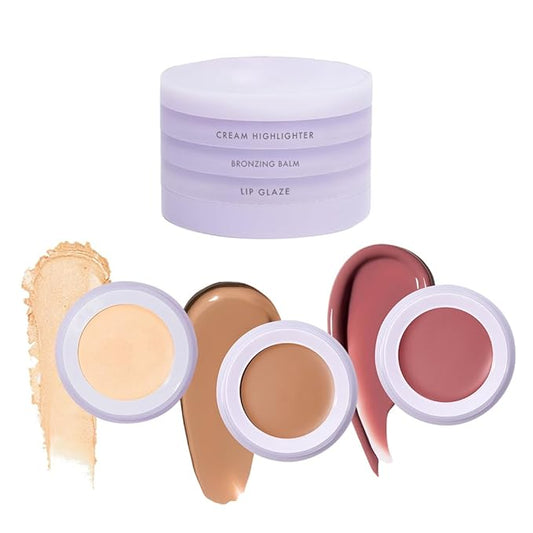 Subtl Beauty 3-in-1 Makeup Stack – Cream Bronzer, Powder Highlighter & Lip Glaze for On-the-Go Touch Ups – Lightweight, Travel-Friendly, Blendable Balm (Fair/Biscotti)