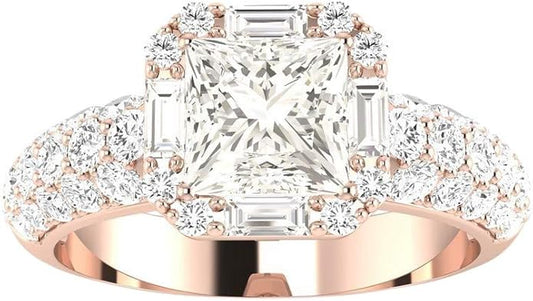 14K White Gold 2.25 Carat LAB GROWN DIAMOND Designer Popular Halo Style Baguette And Pave Set Round Princess Cut Diamond Engagement Ring (E-F Color VS1-VS2 Clarity 1.5 Ct Center)