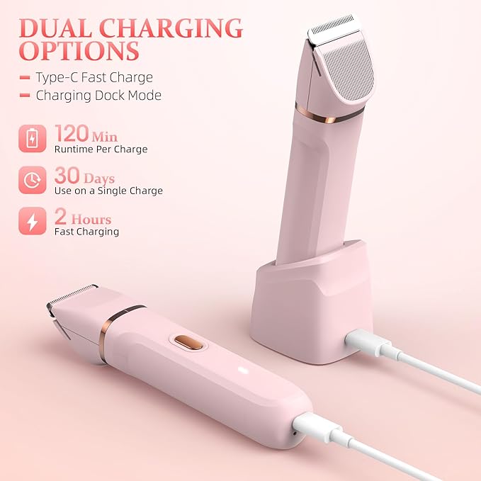 5-in-1 Bikini Trimmer for Women, IPX7 Waterproof Electric Razors Shaver, Cordless Body Hair Trimmer, Facial & Pubic Hair Removal, Ceramic Blade (Blush)