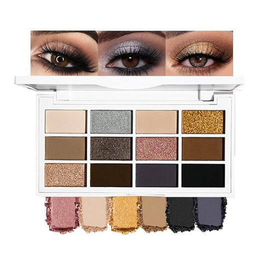 12 Colors Matte Shimmer Pressed Eye Shadow Palette - Beige Light Nude Brown Cocoa Taupe Black Smoky, Silver Bronze Gold Rose Champagne, Vegan Cruelty-Free, for Women Pro Makeup Looks