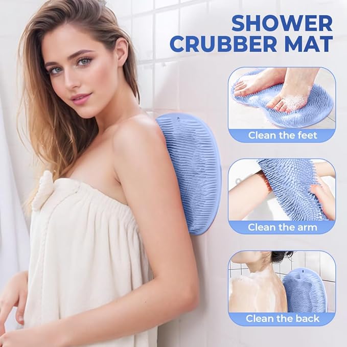 Shower Foot Scrubber Mat with Non-Slip Suction Cups, Foot Back Cleaning Pad Back Washer Exfoliating Bath Wash Pad, Non Slip Bathtub and Shower Mat with Suction Cups and Drain Holes