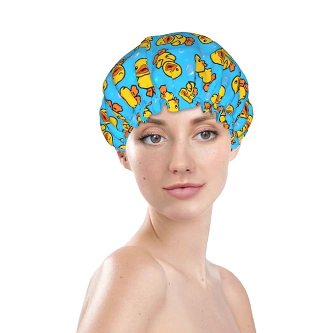 Yellow Rubber Duck Shower Cap For Women Adjustable Double Waterproof Layers Bathing Shower Hat Hair Protection Reusable Ladies Spa Salon Shower Hat