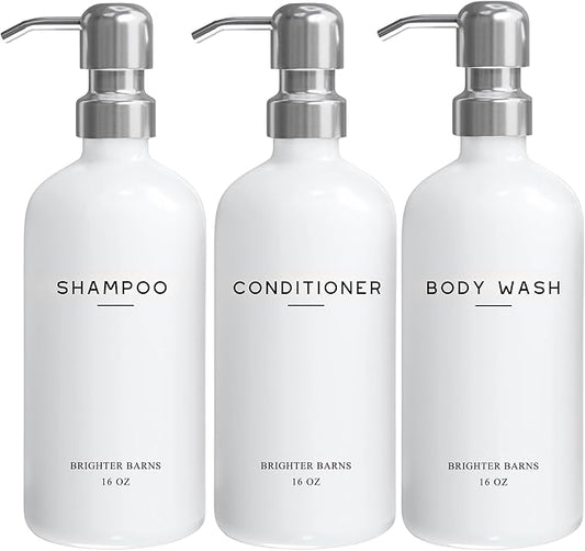 White Shampoo and Conditioner Dispenser Set by Brighter Barns - Shower Dispenser for Bathroom - Refillable Plastic Shampoo Bottle & Stainless Steel Pump - Shampoo Dispenser for Vacation Rental (White)