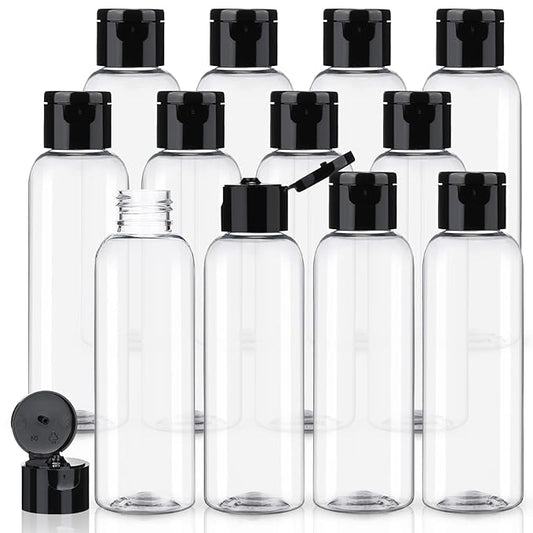 Zubebe 36 Pcs Plastic Travel Bottles with Disc Top Flip Cap Empty Refillable Squeeze Travel Containers for Shampoo Lotions Cream Toiletries Liquid Body Soap (Clear and Black, 4 oz)