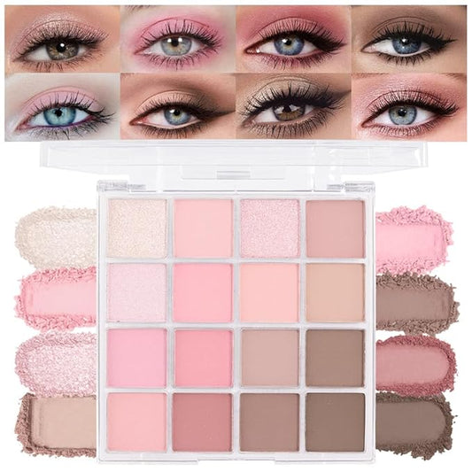 16Color Matte Shimmer Eyeshadow Palette, Nude Brown Rose Gold Coffee White Pink Red Sparkly Eye Shadow Makeup, Warm Pastel Eyeshadows Long Lasting Waterproof Naturing-Looking Women Girls Eye Shadow