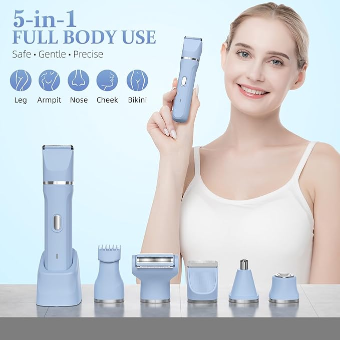 5-in-1 Bikini Trimmer for Women, IPX7 Waterproof Electric Razors Shaver, Cordless Body Hair Trimmer, Facial & Pubic Hair Removal, Ceramic Blade (Sky Blue)
