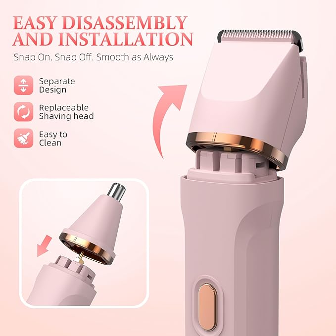 5-in-1 Bikini Trimmer for Women, IPX7 Waterproof Electric Razors Shaver, Cordless Body Hair Trimmer, Facial & Pubic Hair Removal, Ceramic Blade (Blush)