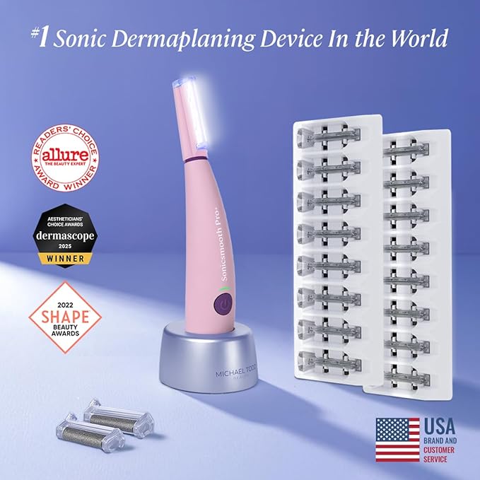 Michael Todd Beauty Sonicsmooth Pro+ Dermaplane Razor for Women Face + Eyebrow trimmer Dermaplaning System w/LED Light Peach Fuzz Remover -16 Dermaplaning Blades & 2 Microsmooth Exfoliation Tips