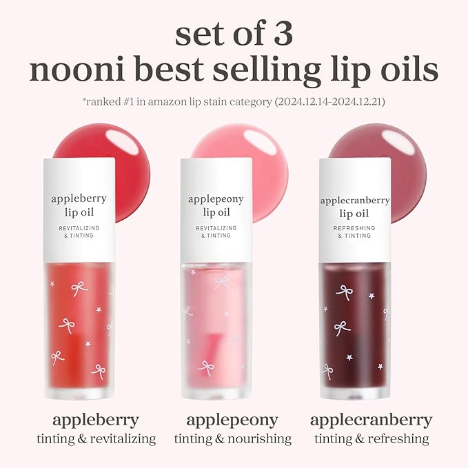 NOONI Korean Lip Oil Gift Set - Apple Seed Lip Oil Trio | Korean Lip Stain Long Lasting Hydration, Moisturizing, Glowing Korean Lip, Plumping, Stocking Stuffers Travel Size Mini Set 0.12 Fl. Oz. x 3ea