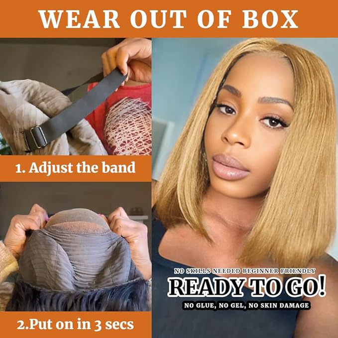 #27 Honey Blonde Bob Wig Human Hair Glueless 14inch Glueless Wigs Human Hair Pre Plucked Pre Cut with Baby Hair 9X6 HD Lace Front Wigs For Black Women 200% Density Straight Bob Wigs