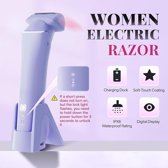 krofaue Women Electric Shaver - Cordless Waterproof Body Foil Shavers, Dry & Wet Electric Razors for Women with LED Display USB Charge Dock Purple
