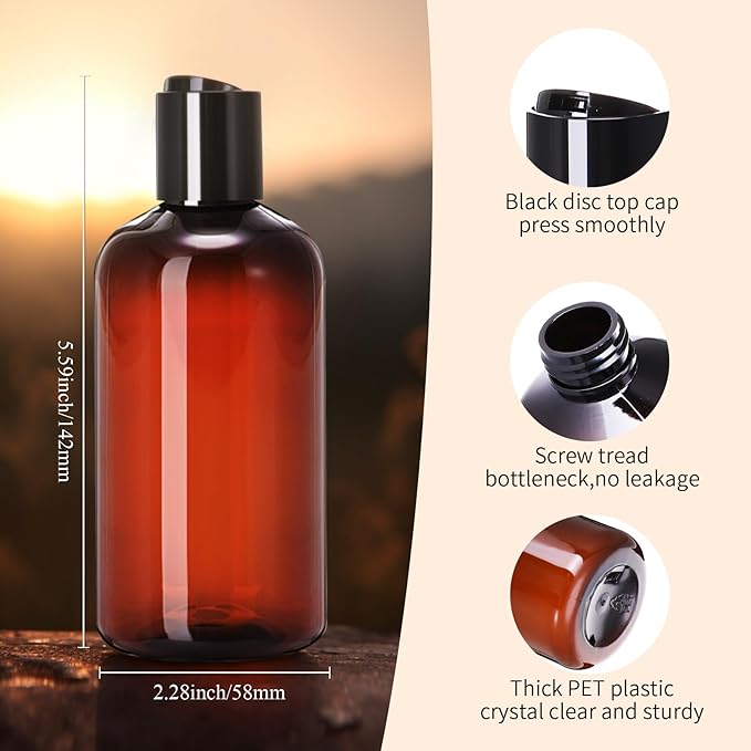 Zubebe 36 Pcs Plastic Travel Bottles with Disc Top Flip Cap Empty Refillable Squeeze Travel Containers for Shampoo Lotions Cream Toiletries Liquid Body Soap (Brown, 8 oz)