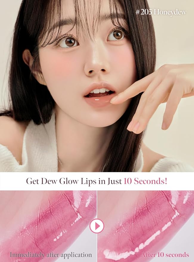 Dew Drop Tint #205 Honeydew 4.5g, Glossy, Lightweight Lip Stain, Glass-Like, High Shine, Moisturizing Lip Oil, Long Lasting Color, Hydrating Gloss, Dewy Finish, Korean Beauty Makeup