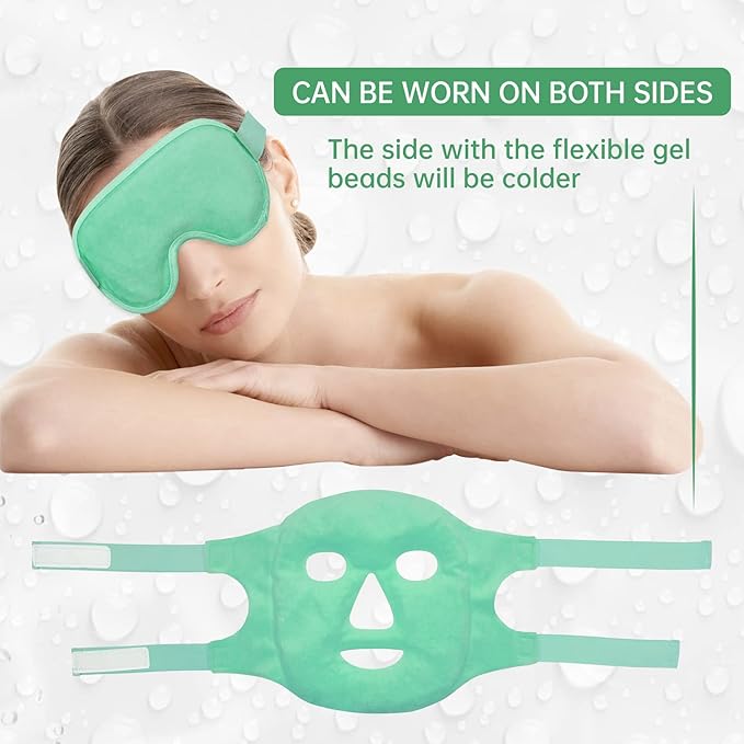 ZNÖCUETÖD Cooling Ice Face Eye Mask for Reducing Puffiness, Bags Under Eyes,Sinus,Redness,Pain Relief,Dark Circles, Migraine,Hot/Cold Pack with Soft Plush Backing(Green(1* Eye Mask+1*Face Mask))