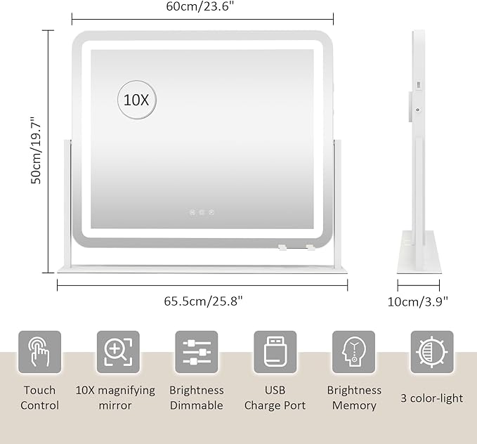 YOURLITE Vanity Mirror with Lights, 24"x 20" LED Makeup Mirror, Smart Touch Dimmable 3 Colors Modes & Adjustable Brightness, 10x Magnification with USB Charging Port, 360° Rotation for Bedroom