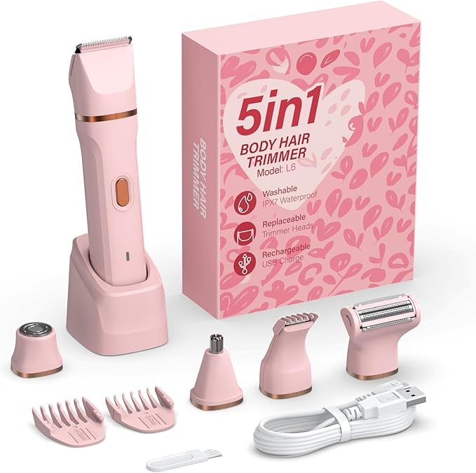 5-in-1 Bikini Trimmer for Women, IPX7 Waterproof Electric Razors Shaver, Cordless Body Hair Trimmer, Facial & Pubic Hair Removal, Ceramic Blade (Blush)